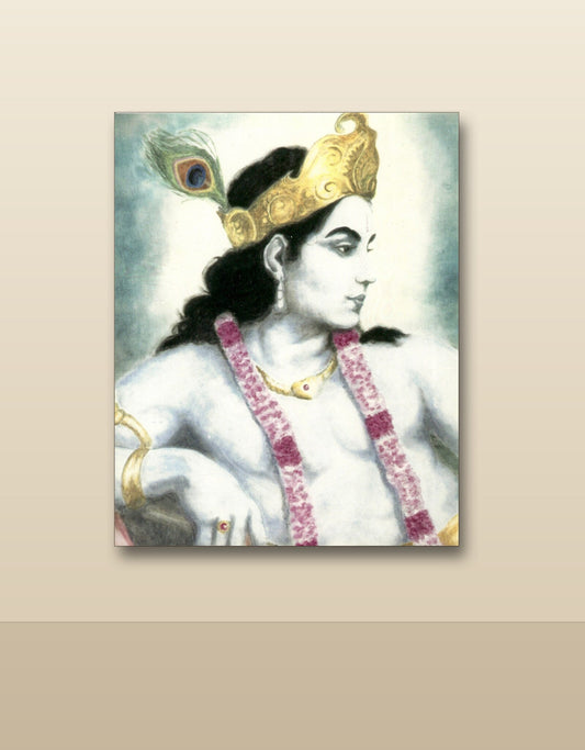 Krishna portrait canvas shown on a wall
