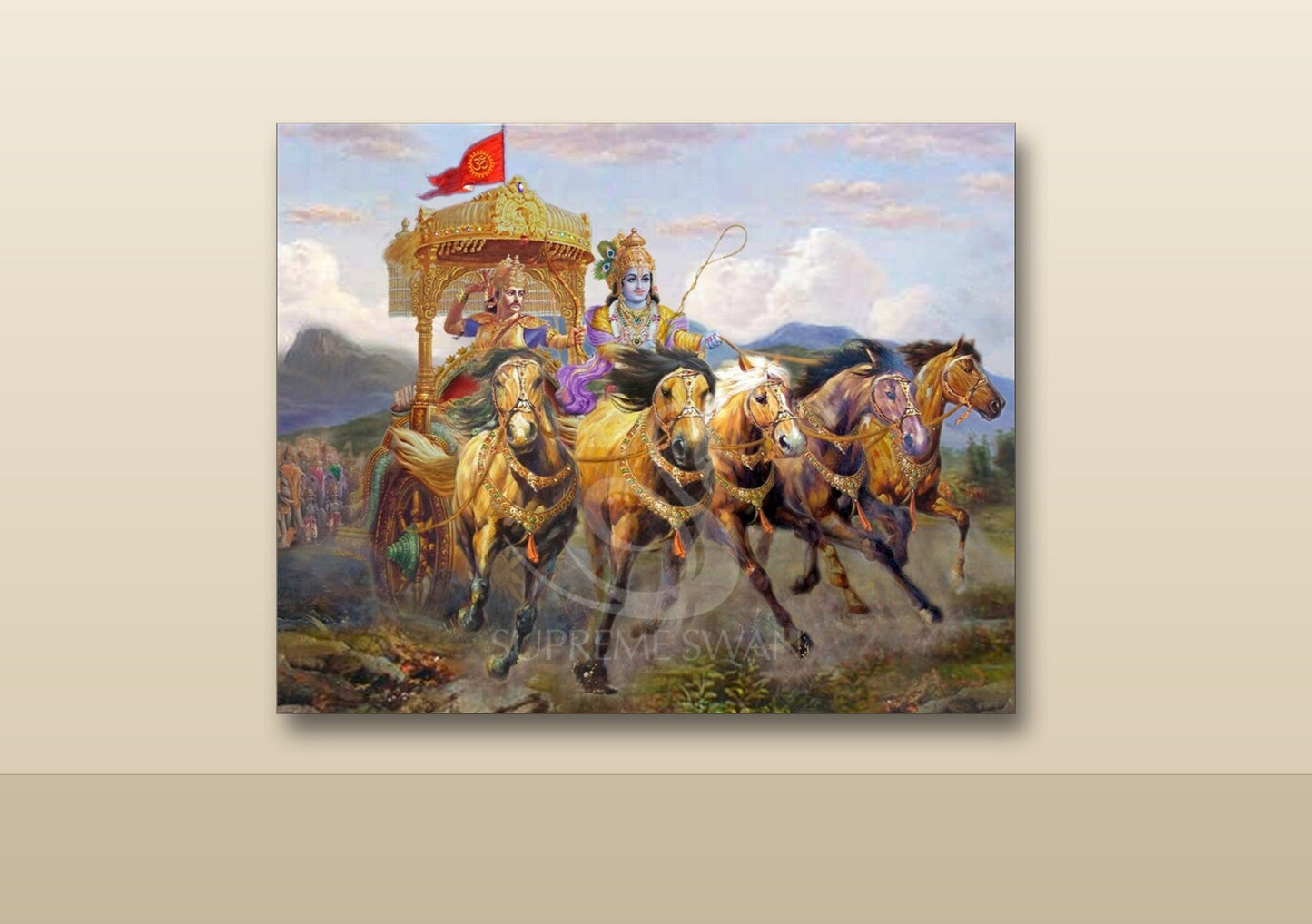 Krishna & Arjuna at Kurukshetra canvas shown on a wall