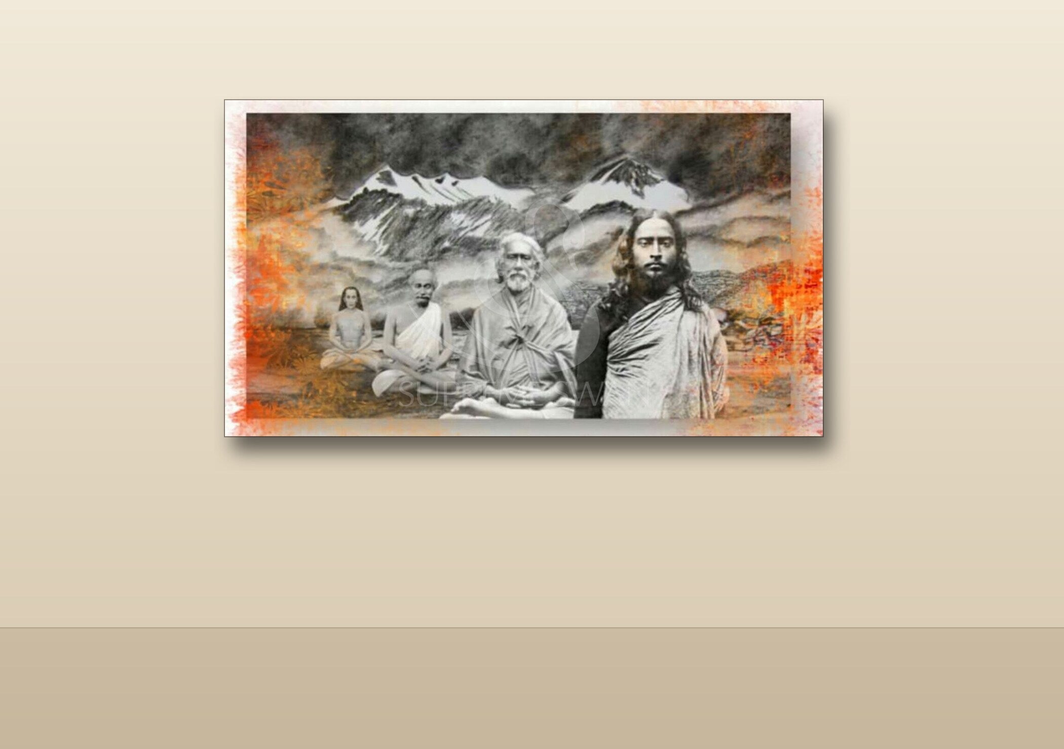 Canvas print of the SRF line of gurus hung on the wall above a home altar