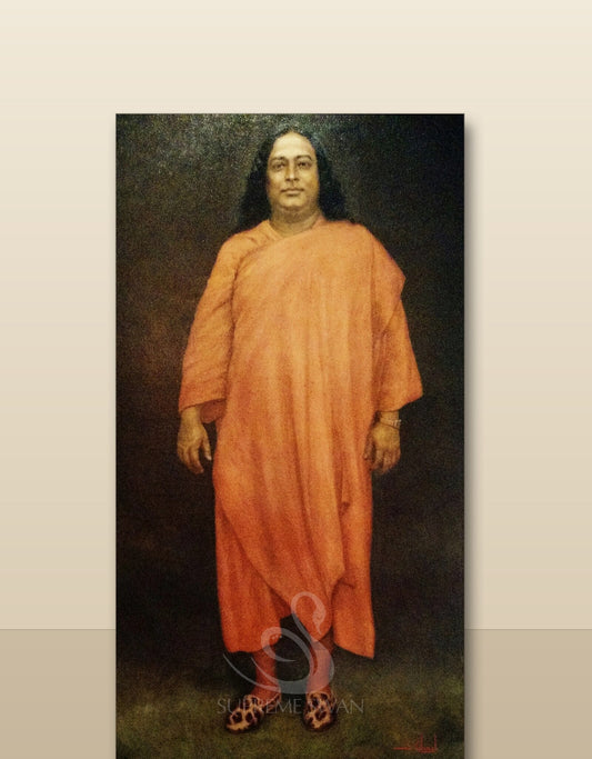 Yogananda standing canvas shown on a wall