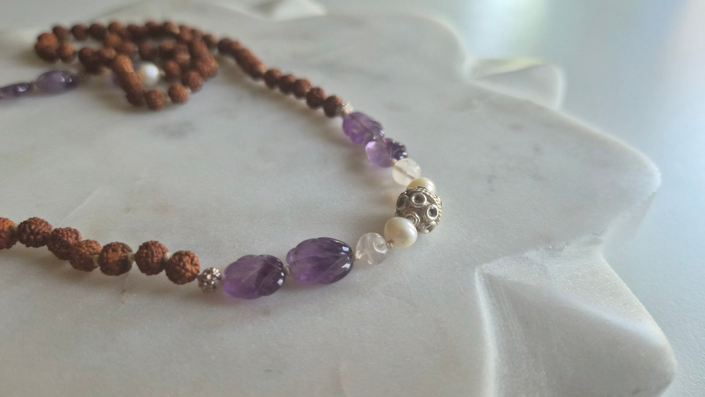 Rudraksha & Amethyst Mala with Silk Tassel Supreme Swan