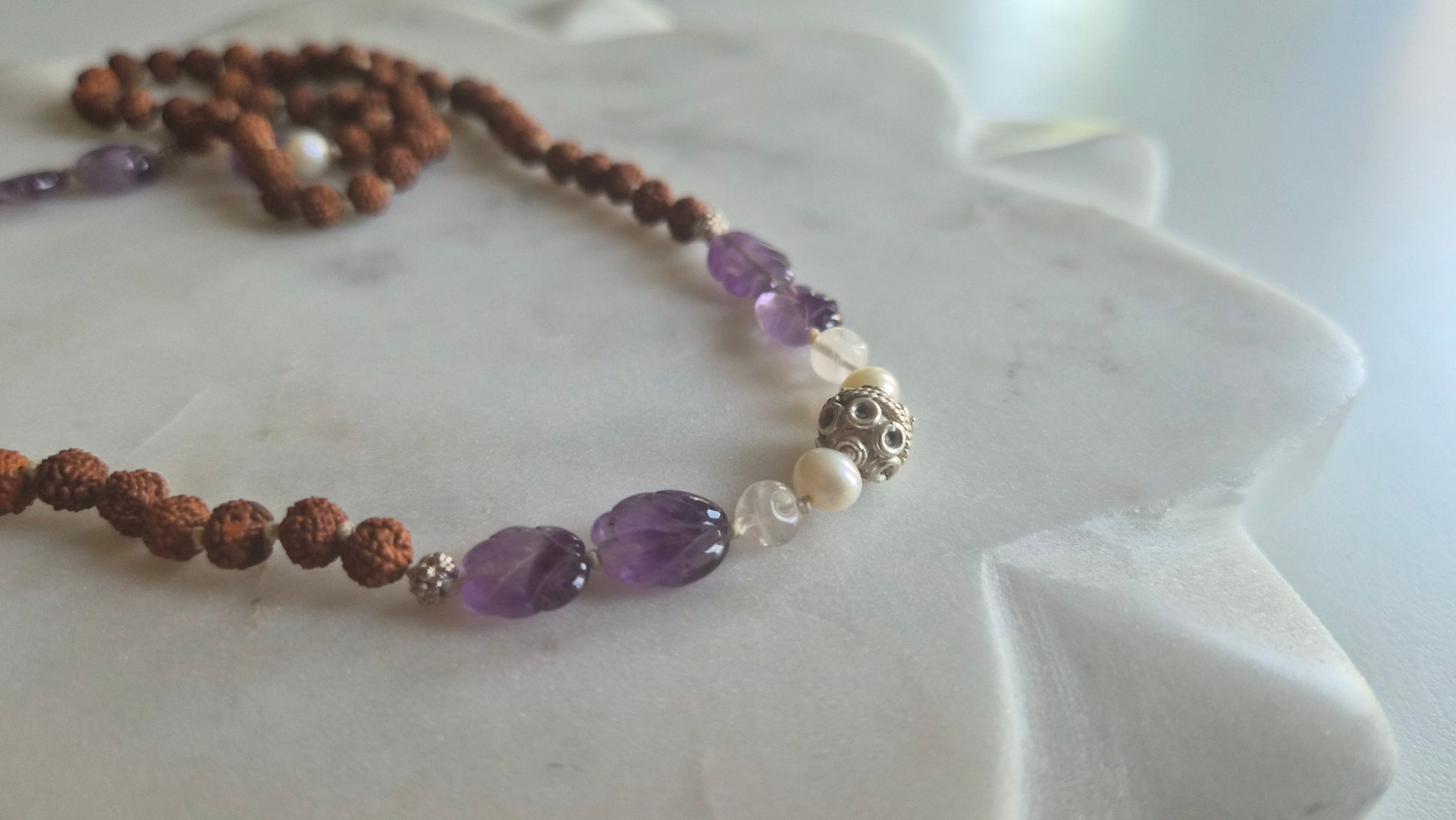 Rudraksha & Amethyst Mala with Silk Tassel Supreme Swan