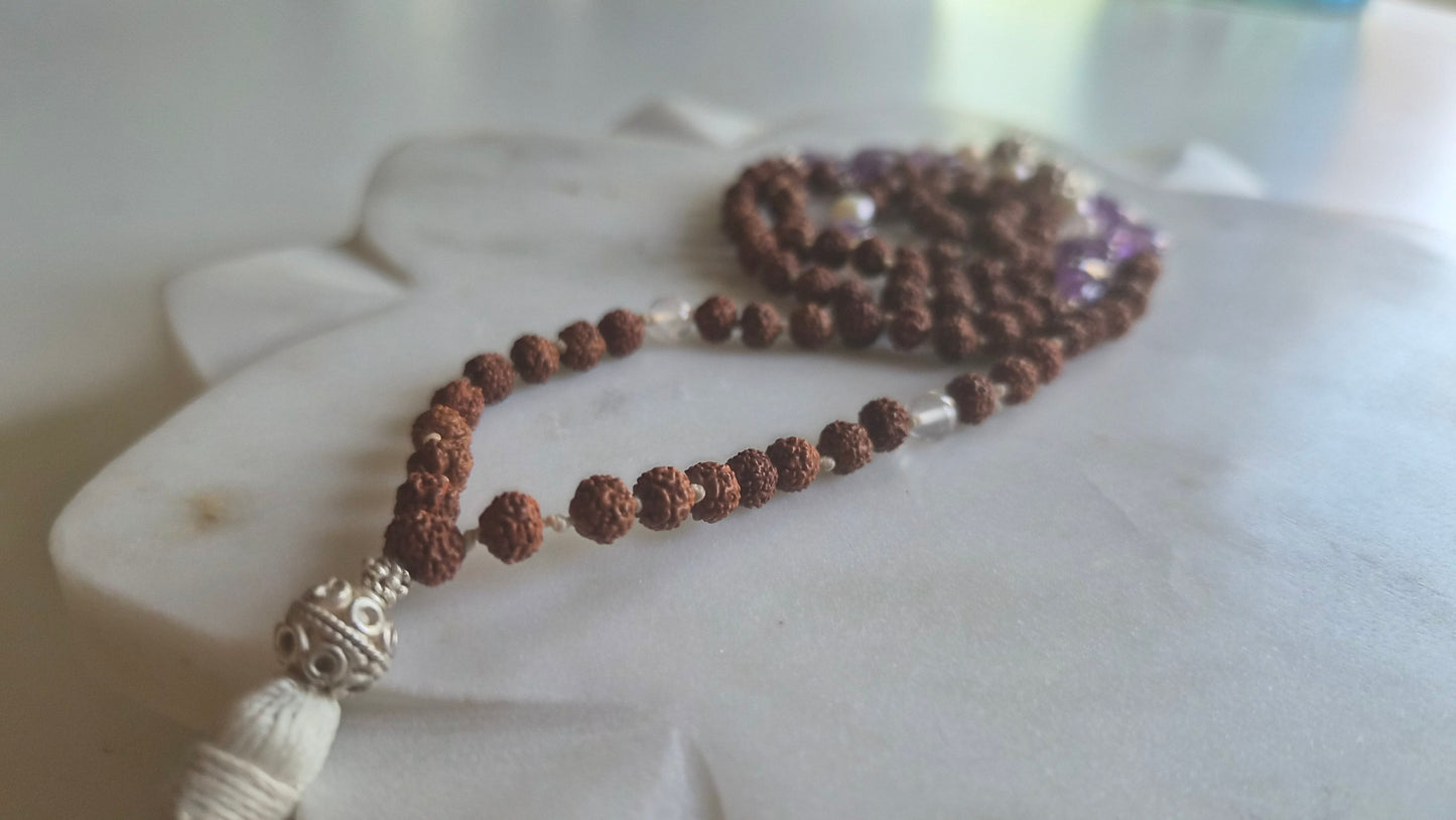 Rudraksha & Amethyst Mala with Silk Tassel Supreme Swan