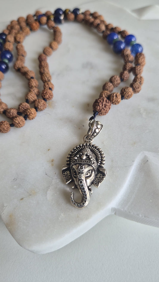 Rudraksha and blue lapis lazuli mala with silver Ganesha pendant