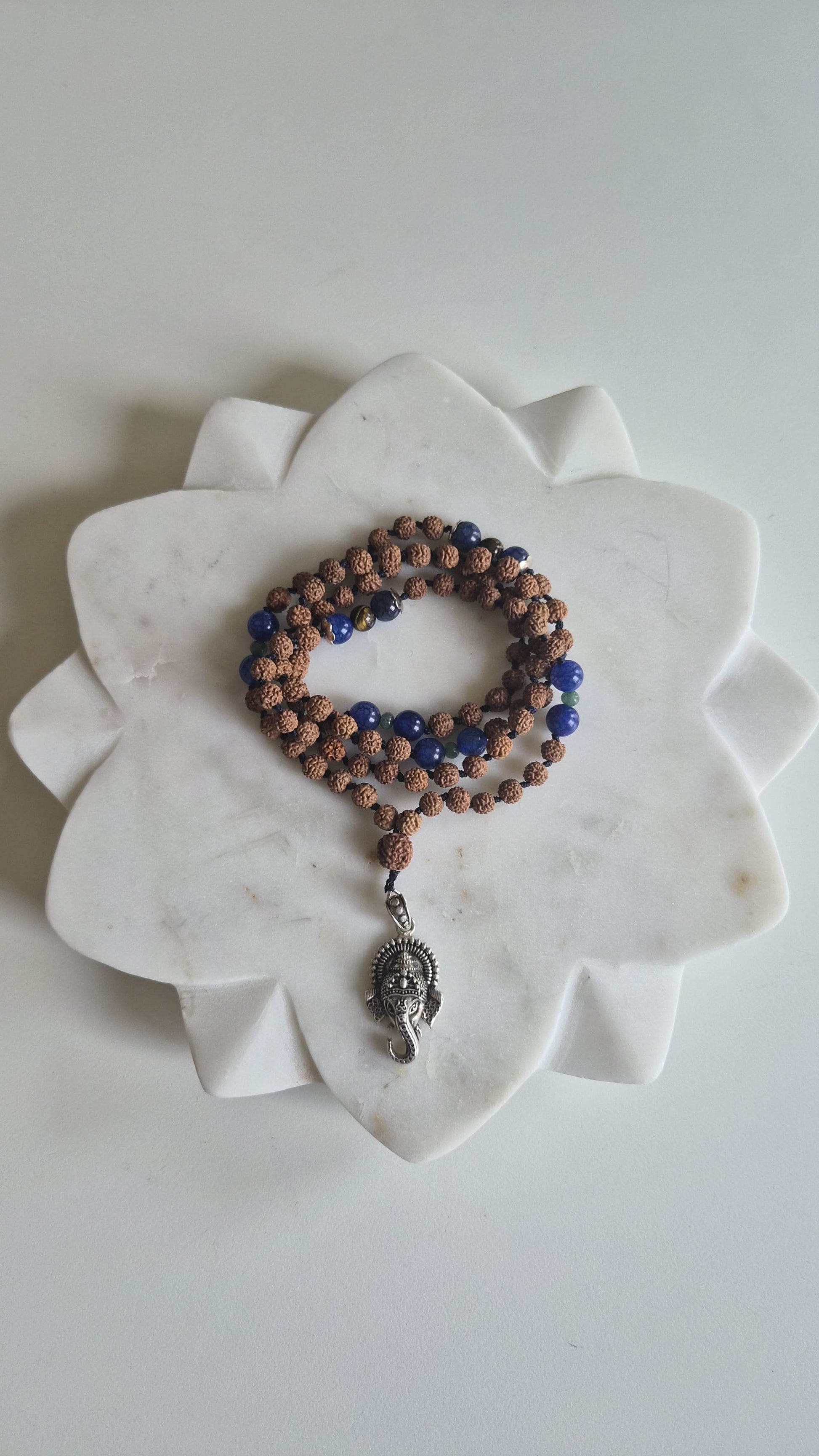 Rudraksha & Blue Lapis Mala with Silver Ganesha Supreme Swan