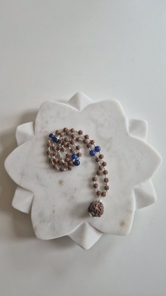 Rudraksha and blue lapis lazuli mala with carved guru bead