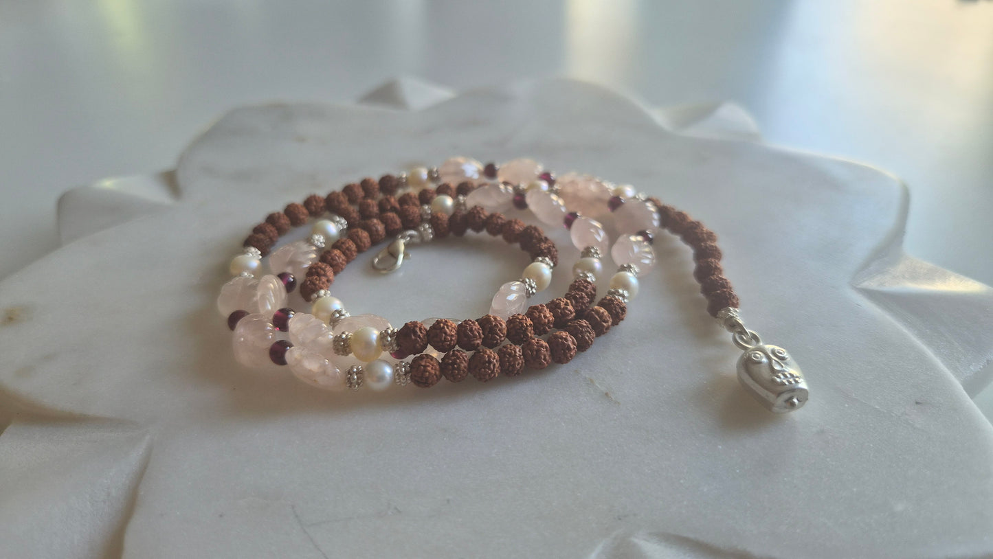 Rudraksha & Rose Quartz Mala Supreme Swan