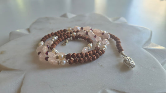 Rudraksha mala with rose quartz, pearls and garnet beads