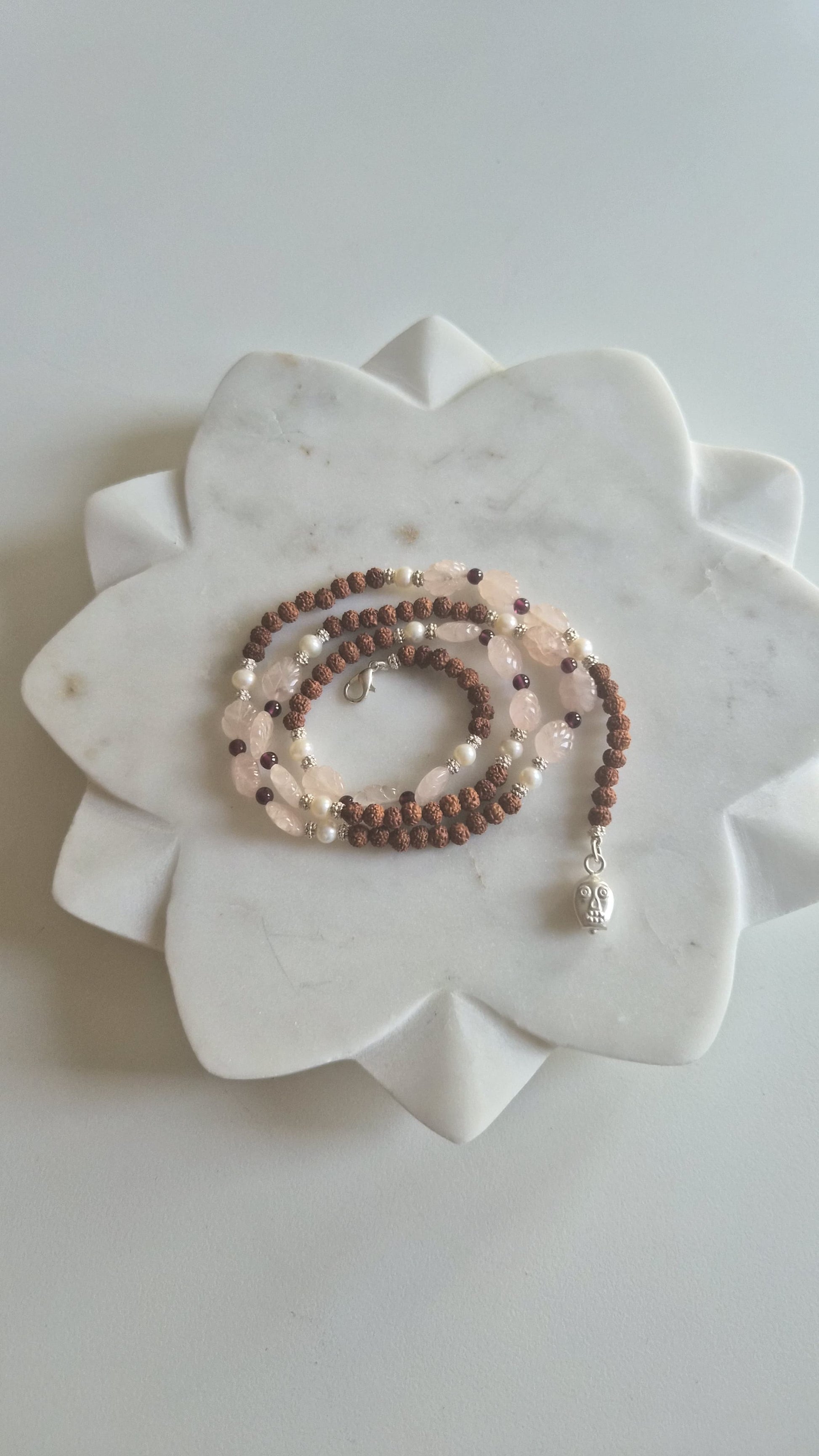 Rudraksha & Rose Quartz Mala Supreme Swan