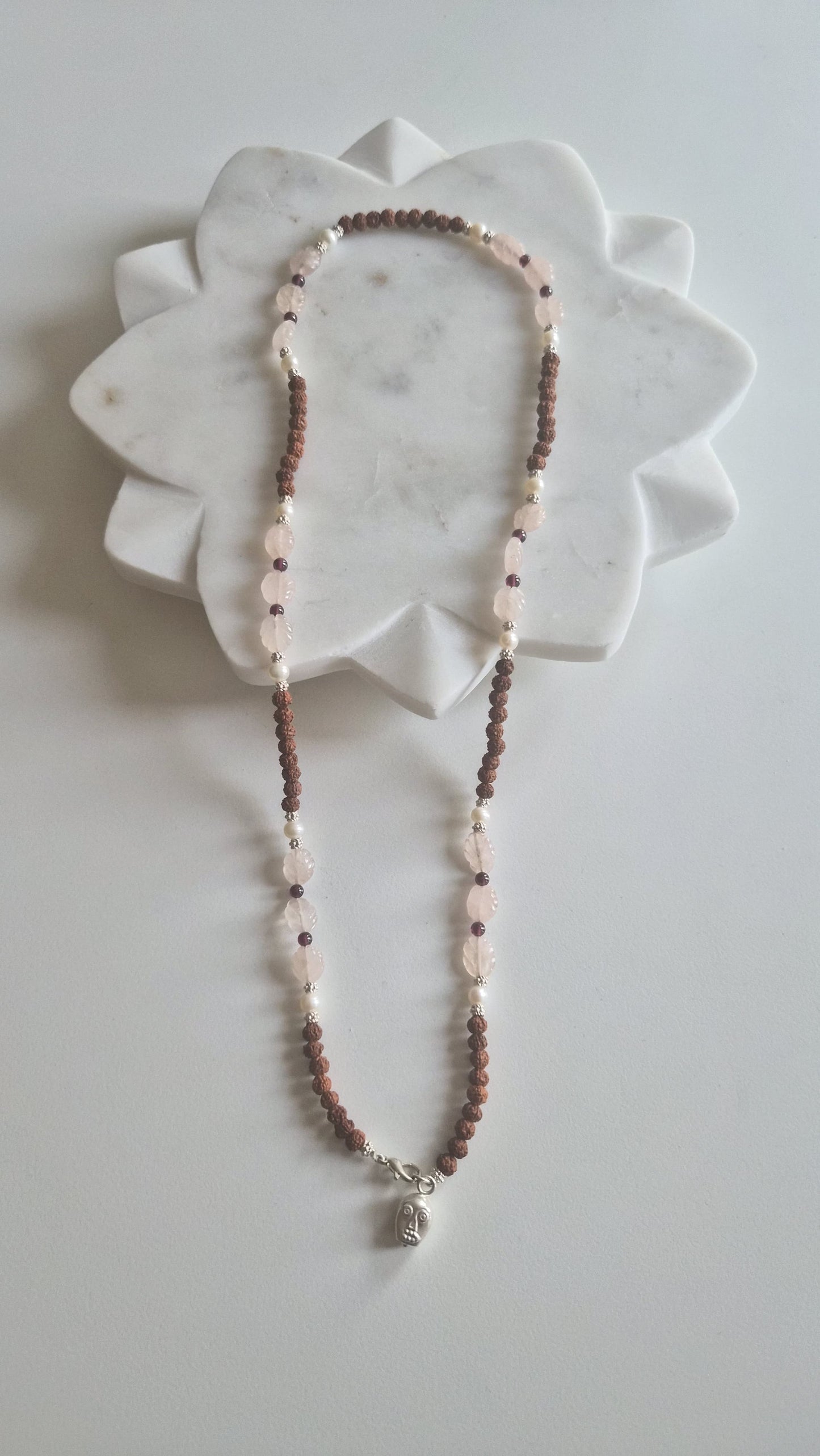 Rudraksha & Rose Quartz Mala Supreme Swan