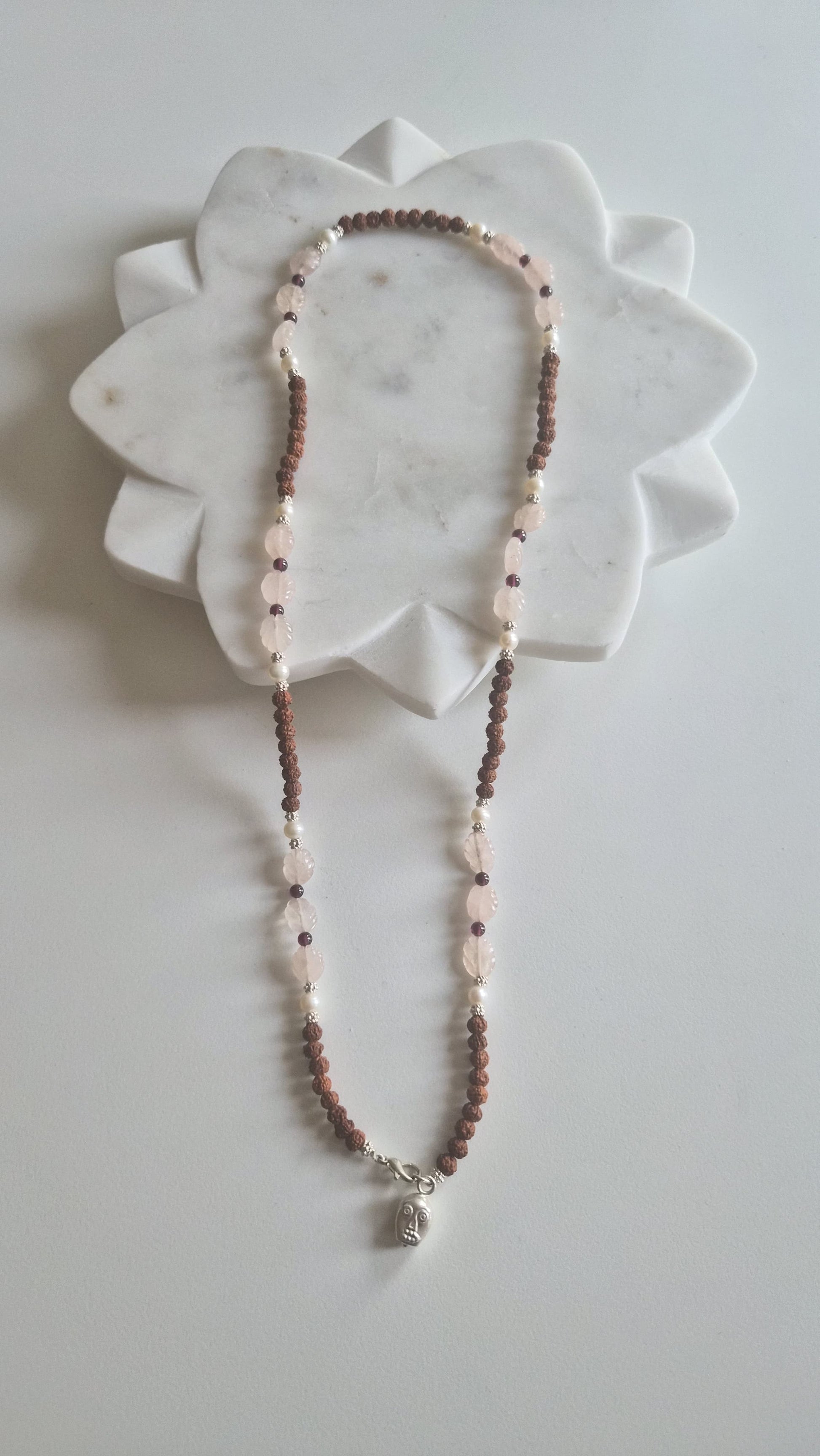 Rudraksha & Rose Quartz Mala Supreme Swan