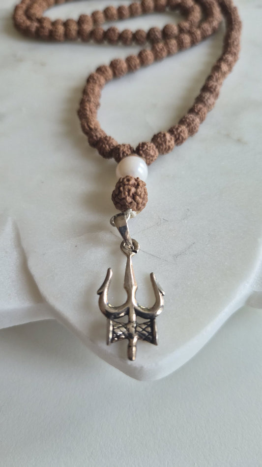 Rudraksha mala with pure silver Trishul trident pendant