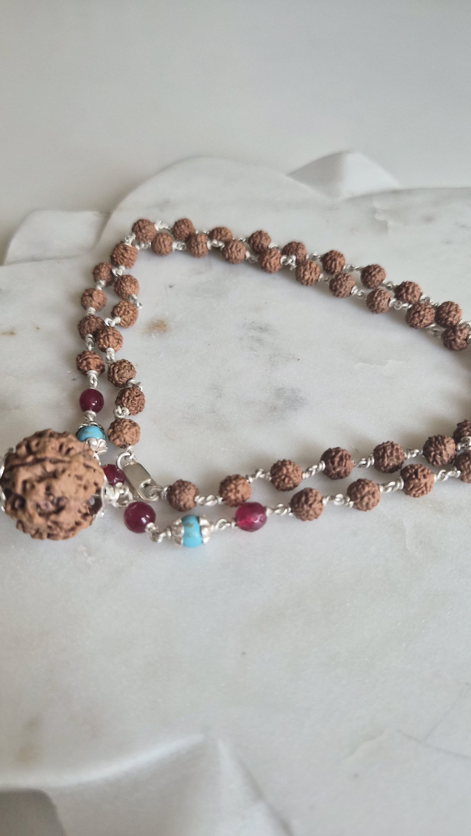 Rudraksha, Turquoise & Pink Mala Supreme Swan