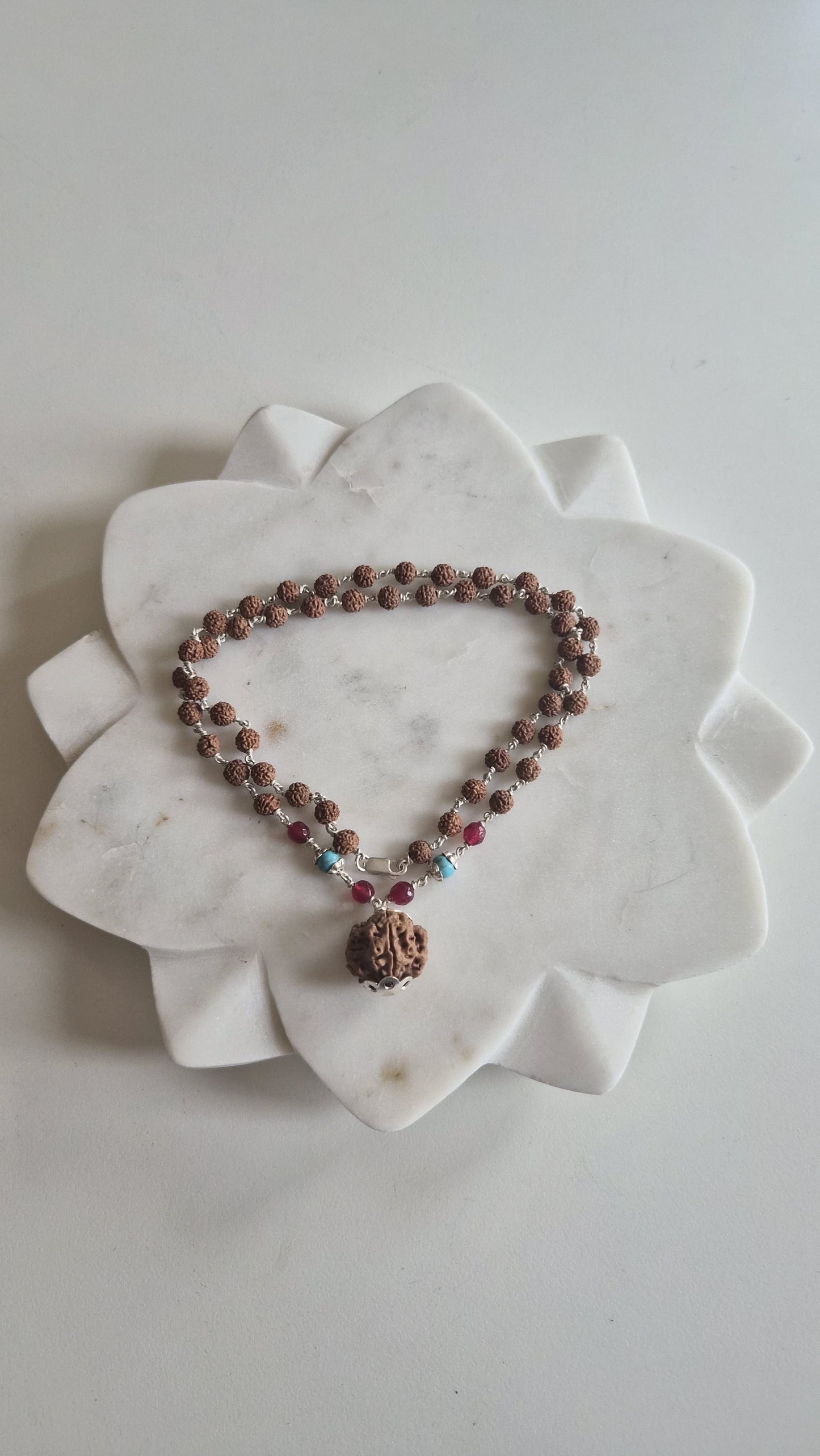 Rudraksha, Turquoise & Pink Mala Supreme Swan