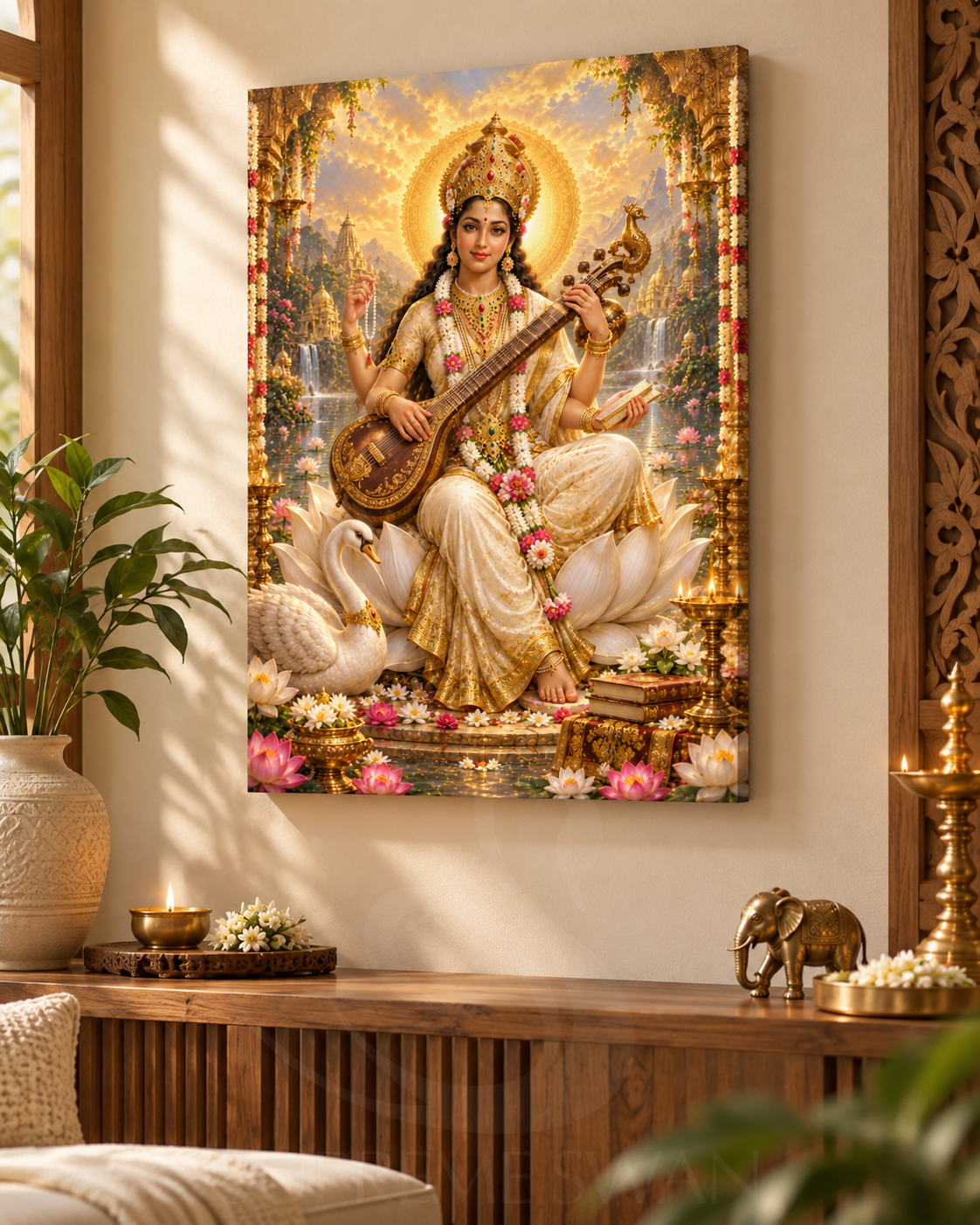 Saraswati canvas wall mockup with subtle Supreme Swan watermark