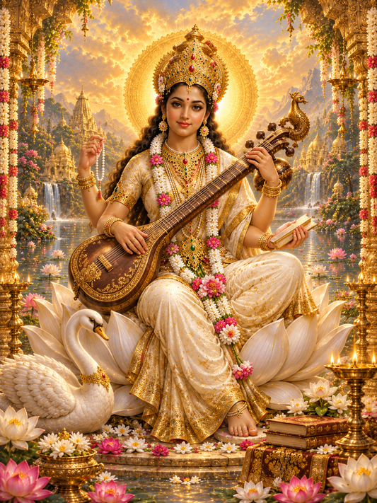 Saraswati canvas print with subtle Supreme Swan watermark
