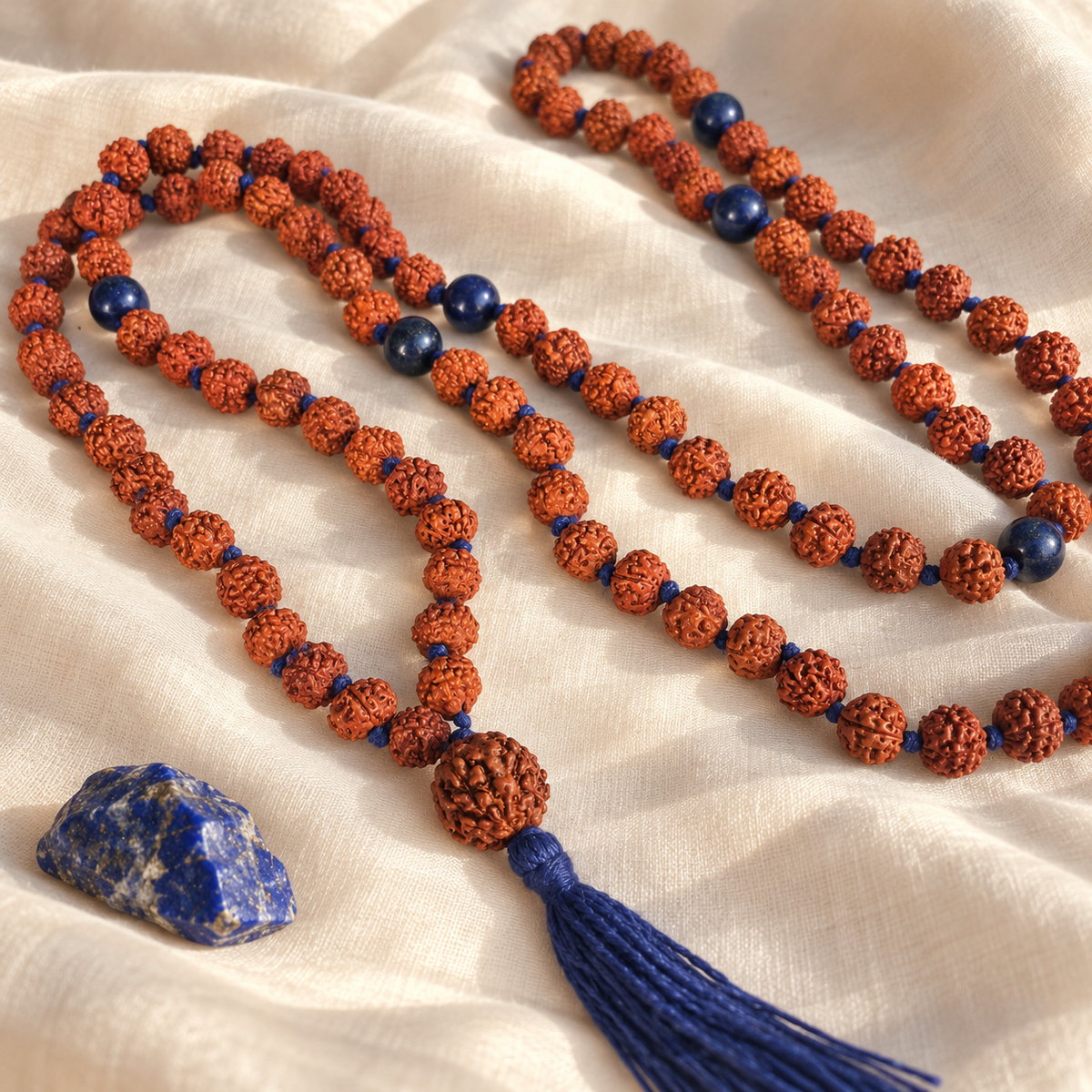 Shanti Rudraksha and lapis mala styled on ivory silk