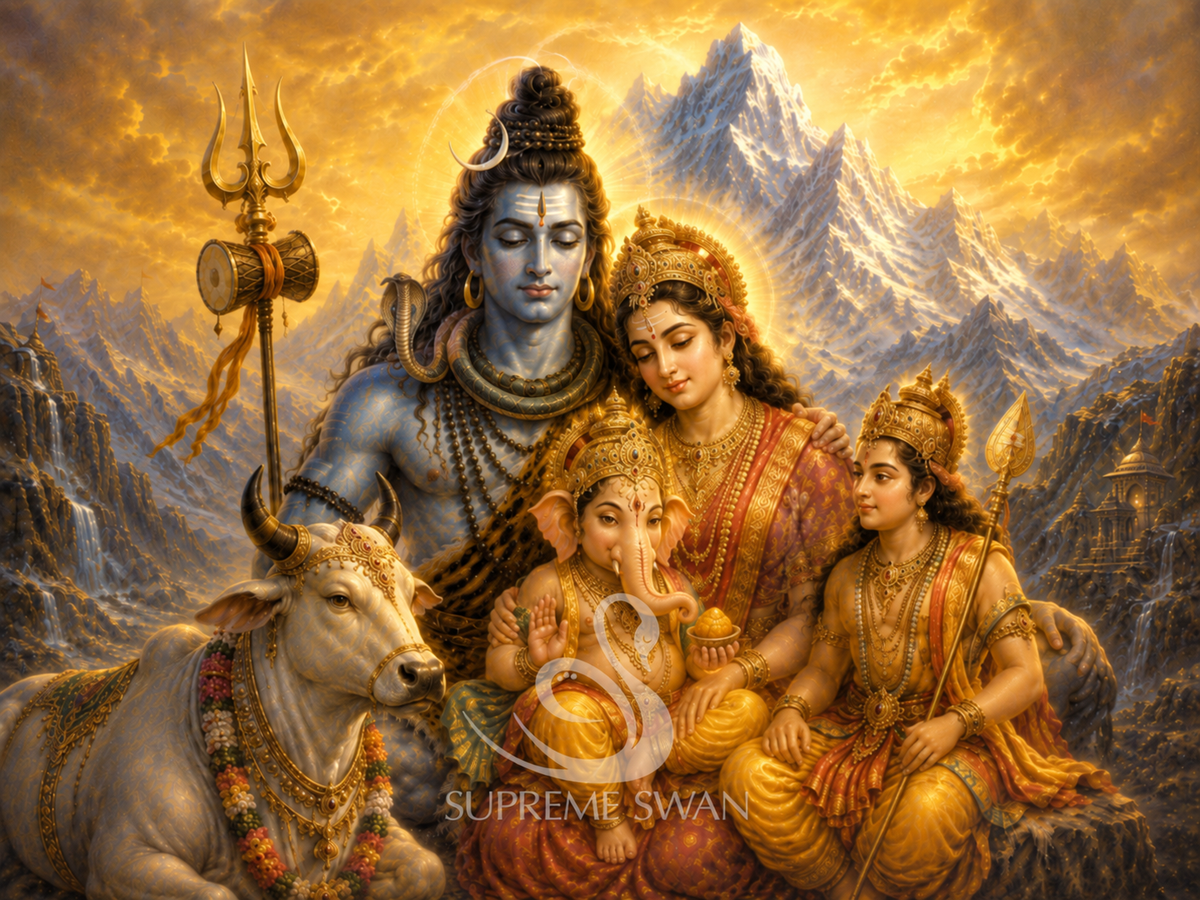 Shiva Family canvas print with subtle Supreme Swan watermark
