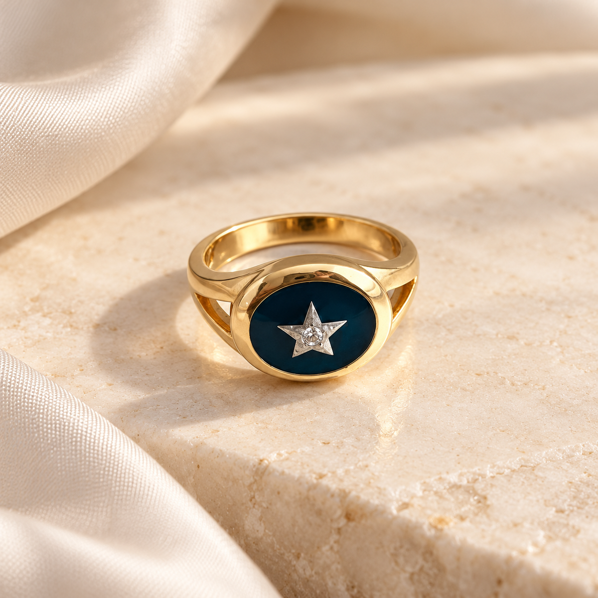 Gold Spiritual Eye ring on ivory stone with silk