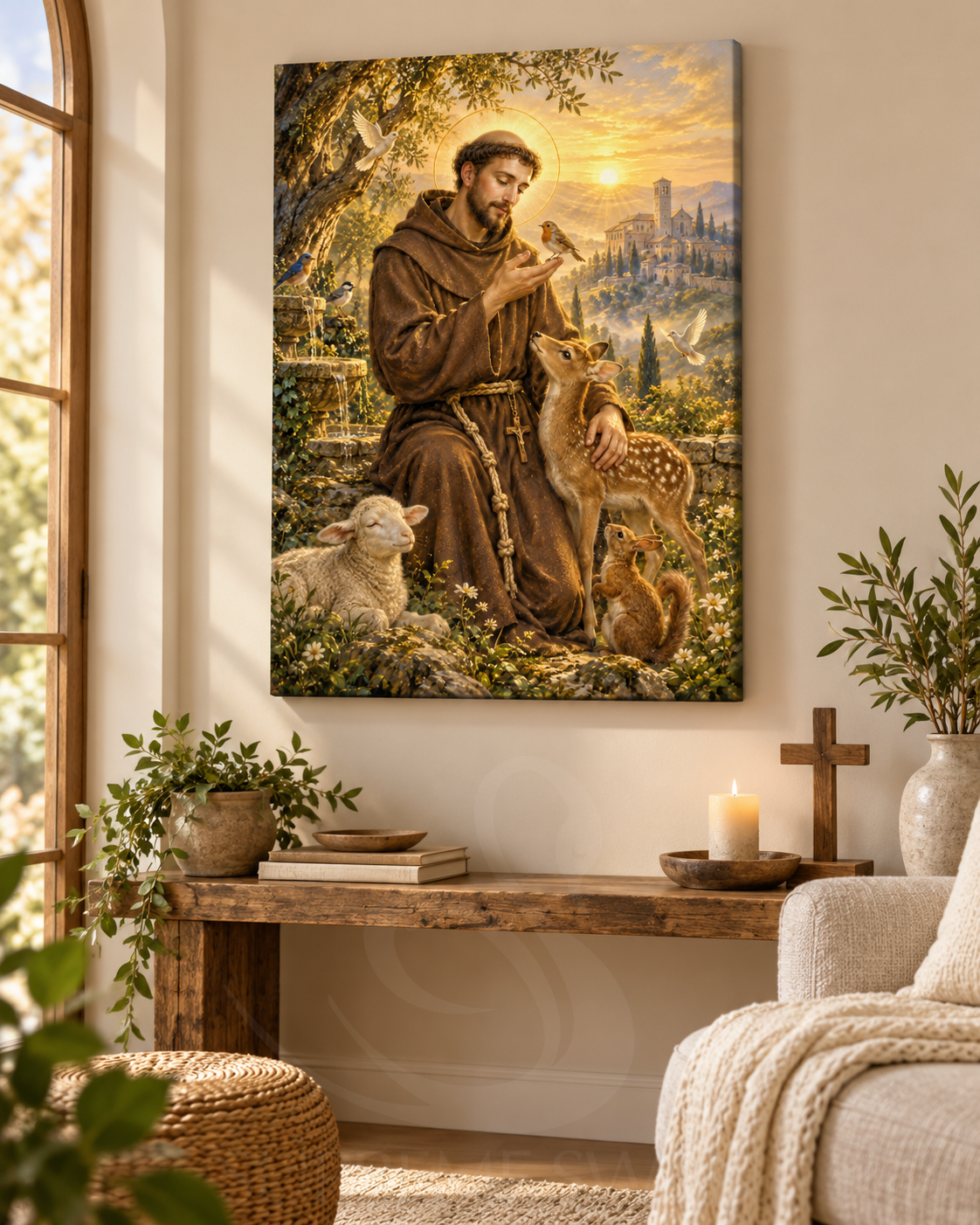 St. Francis of Assisi canvas wall mockup with subtle Supreme Swan watermark