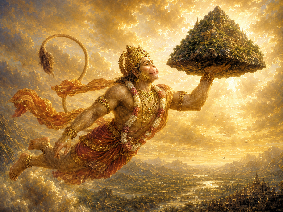 Lord Hanuman carrying the Sanjeevani mountain canvas print