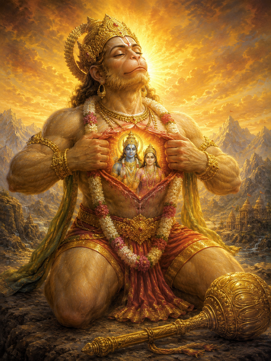 Lord Hanuman opening his heart to reveal Rama and Sita canvas print