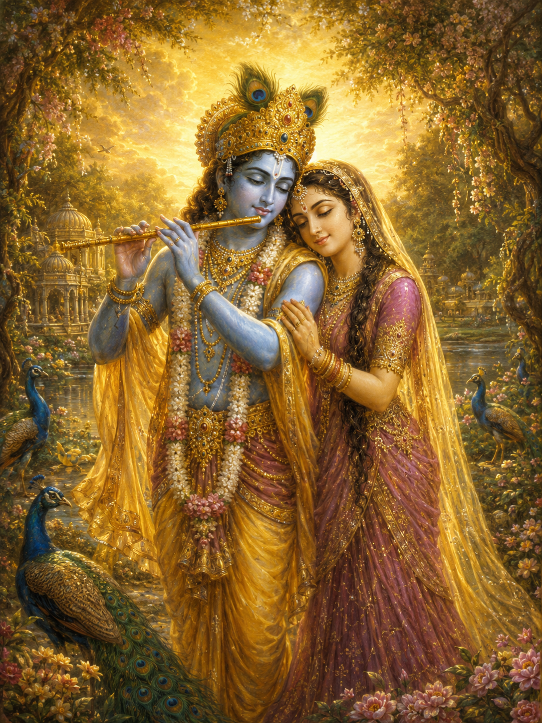 Radha Krishna golden garden devotion canvas print