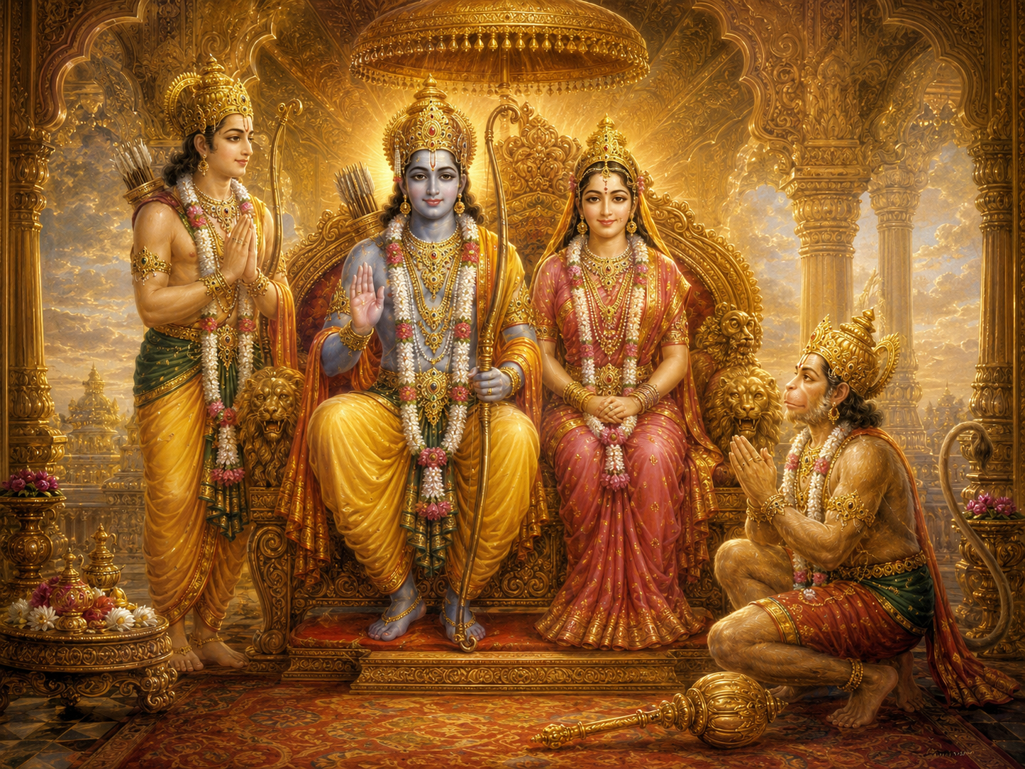 Ram Darbar with Rama Sita Lakshman and Hanuman golden temple canvas print