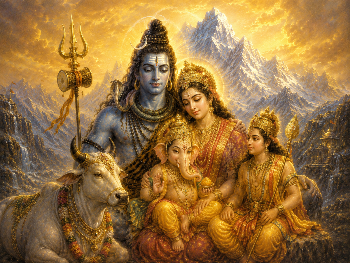 Lord Shiva family with Parvati Ganesha Kartikeya and Nandi canvas print