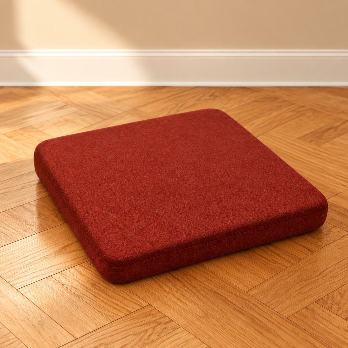 Copper Red zabuton meditation cushion; AI-assisted background styling matching the crescent cushion.