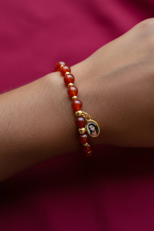 Semi-Precious Fire Agate & Glass Beaded 6.5 inch / 16.5 cm Stretch Bracelet with Sri Paramahansa Yogananda Charm