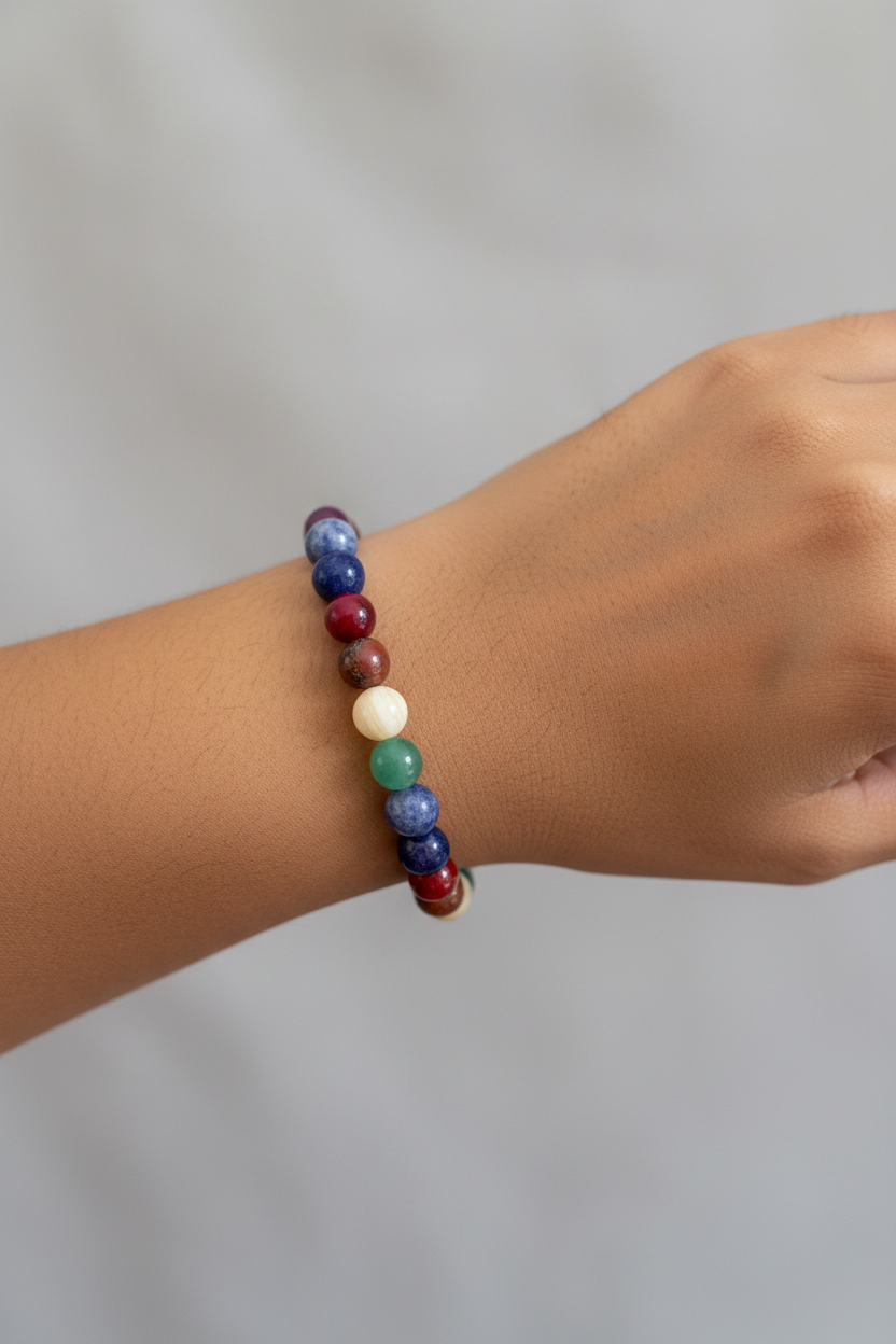 7-Chakra Semi-Precious Gemstone Stretch Bracelet, 6.5 inch / 17 cm