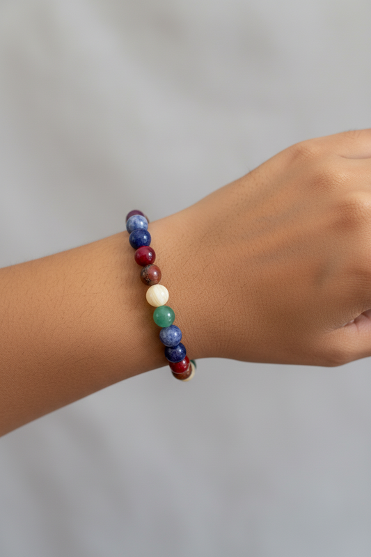 7-Chakra Semi-Precious Gemstone Stretch Bracelet, 6.5 inch / 17 cm