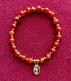 Semi-Precious Fire Agate & Glass Beaded 6.5 inch / 16.5 cm Stretch Bracelet with Sri Paramahansa Yogananda Charm