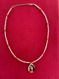 108-Bead Fire Agate & Glass Necklace with Sri Paramahansa Yogananda Charm, 19 inch / 48 cm