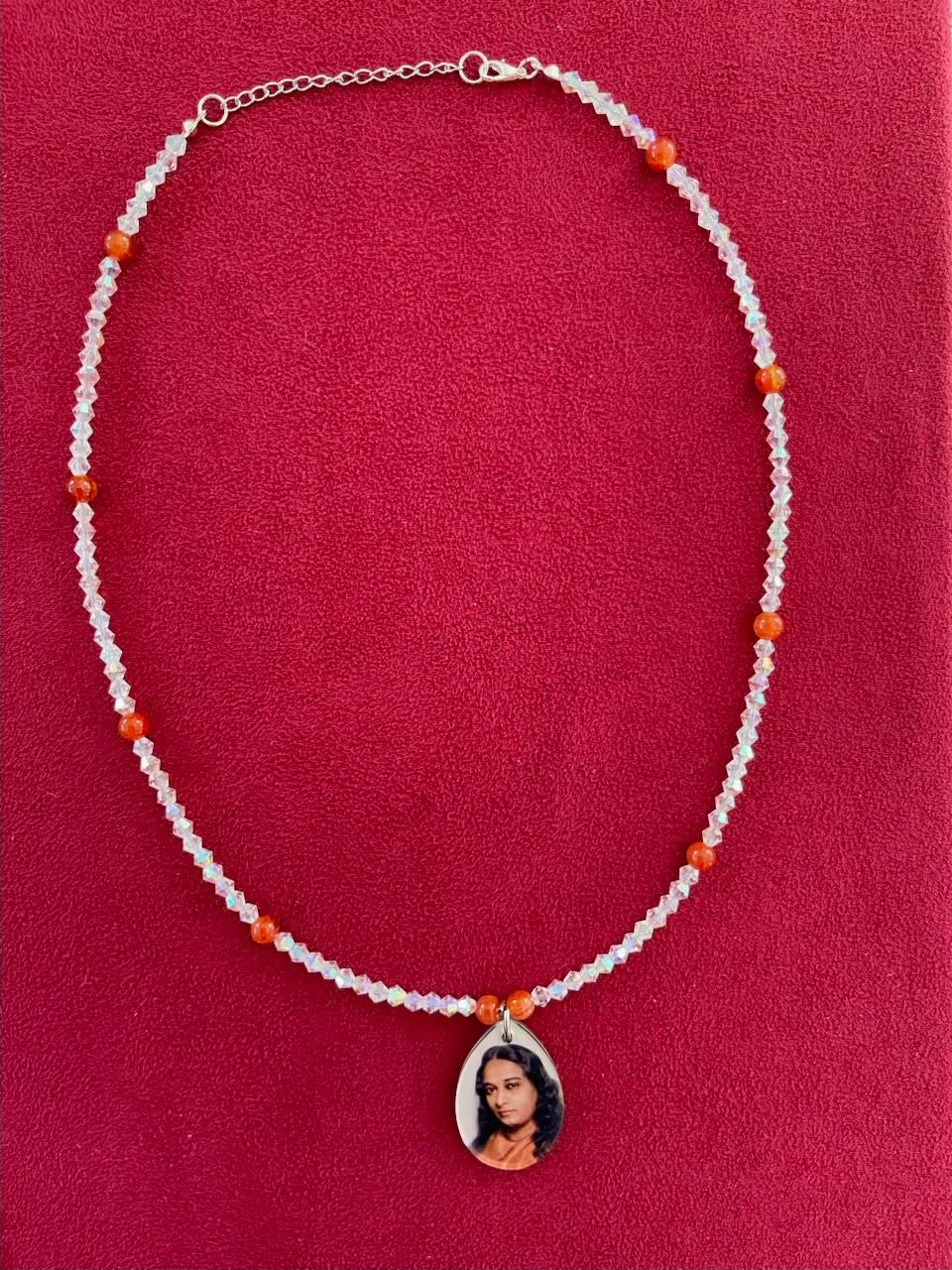 108-Bead Fire Agate & Glass Necklace with Sri Paramahansa Yogananda Charm, 19 inch / 48 cm