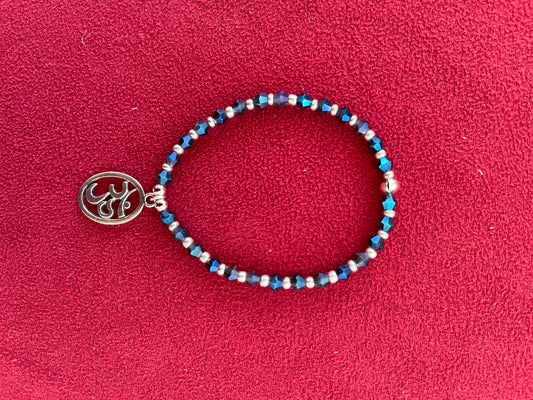 Luminous Blue & Silver Glass Beaded 7 inch / 18 cm Stretch Bracelet with OM Charm Supreme Swan