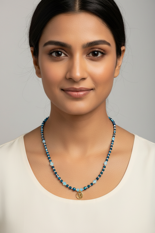 108-Bead Blue Glass Beaded Necklace with OM Charm from India