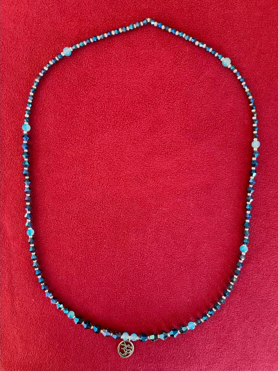 108-Bead Blue Glass Beaded Necklace with OM Charm from India