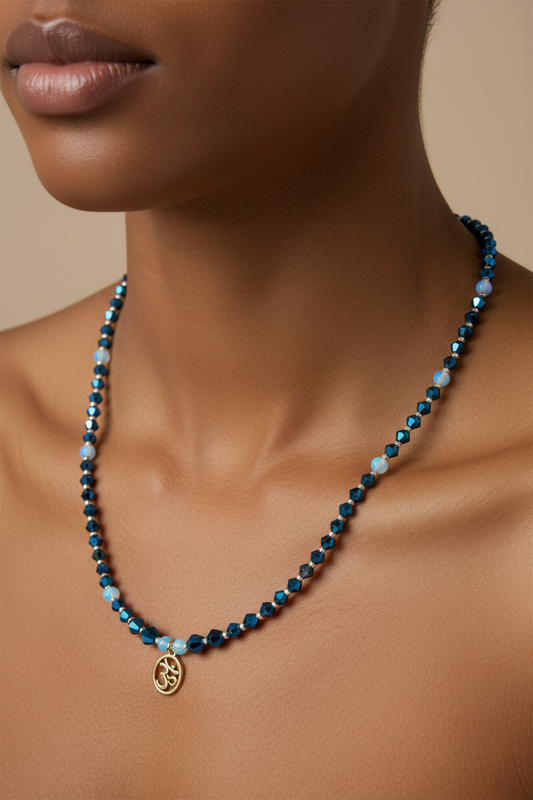 108-Bead Blue Glass Beaded Necklace with OM Charm from India