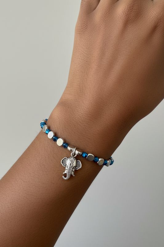 Silver Disc & Blue Glass Beaded Stretch Bracelet with Ganesh Charm from India, 6.5 inch / 16.5 cm