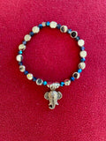 Silver Disc & Blue Glass Beaded Stretch Bracelet with Ganesh Charm from India, 6.5 inch / 16.5 cm