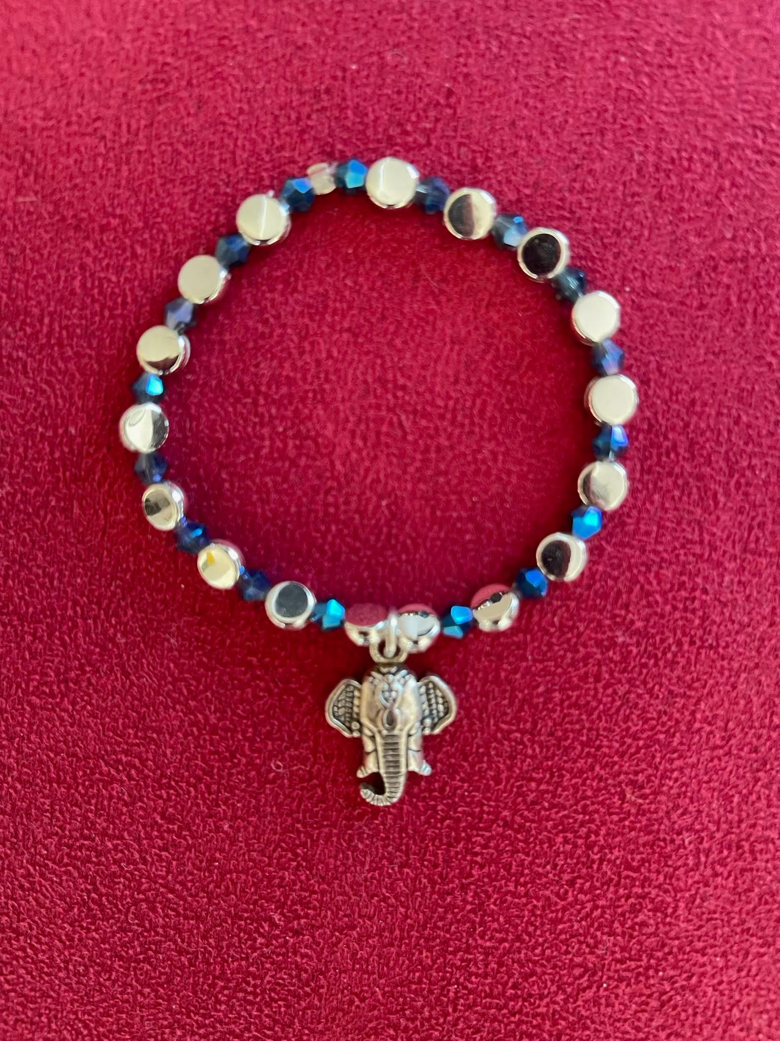 Silver Disc & Blue Glass Beaded Stretch Bracelet with Ganesh Charm from India, 6.5 inch / 16.5 cm