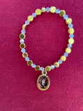 Gold Disc & Clear Glass Beaded Stretch Bracelet with Shiva/Durga Charm from India, 6.5 inch / 16.5 cm
