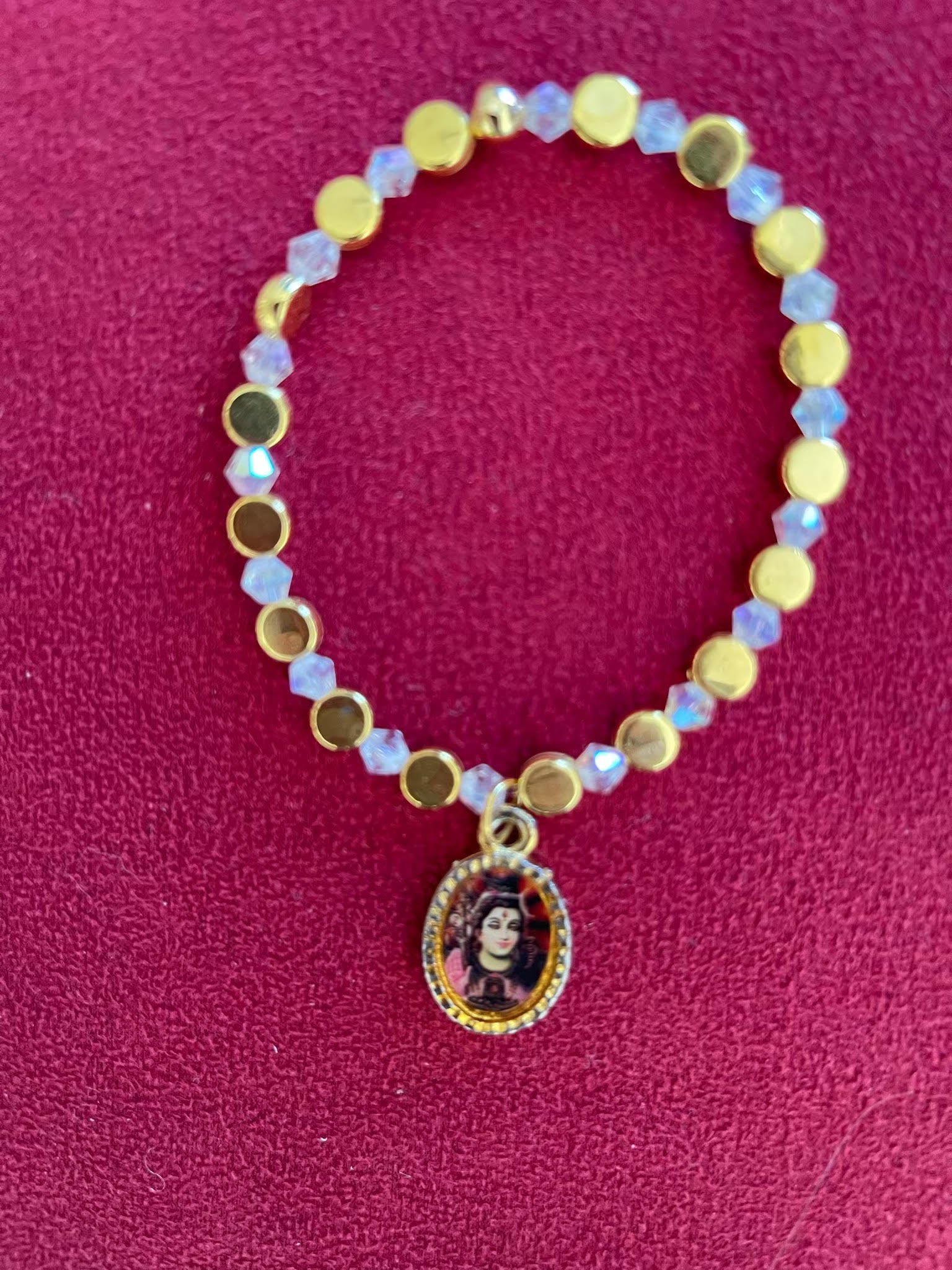 Gold Disc & Clear Glass Beaded Stretch Bracelet with Shiva/Durga Charm from India, 6.5 inch / 16.5 cm