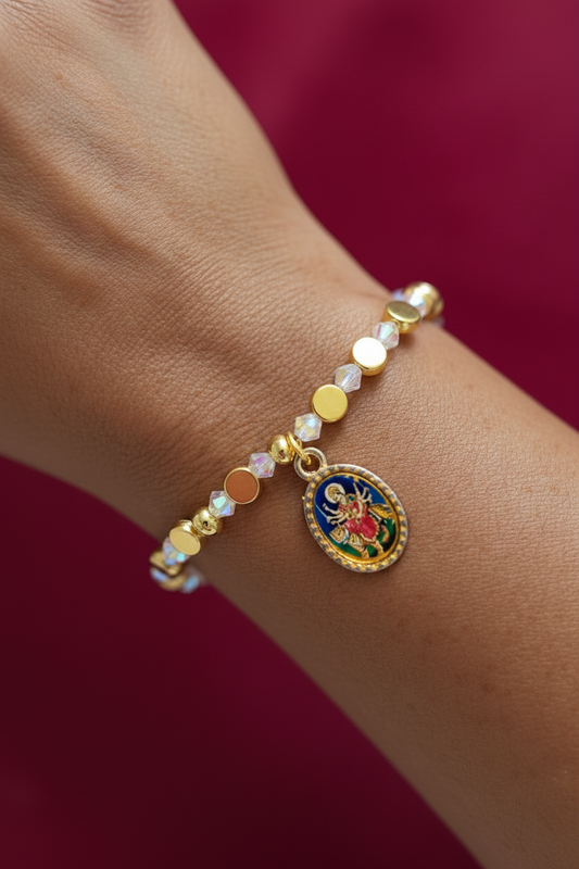 Gold Disc & Clear Glass Beaded Stretch Bracelet with Shiva/Durga Charm from India, 6.5 inch / 16.5 cm