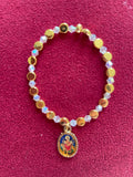 Gold Disc & Clear Glass Beaded Stretch Bracelet with Shiva/Durga Charm from India, 6.5 inch / 16.5 cm