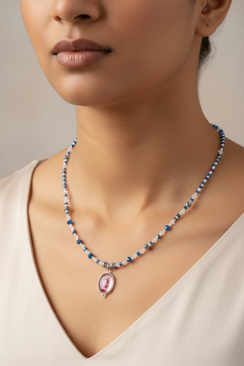 Shiva Lingam Charm Glass Beaded Necklace with Extender Chain