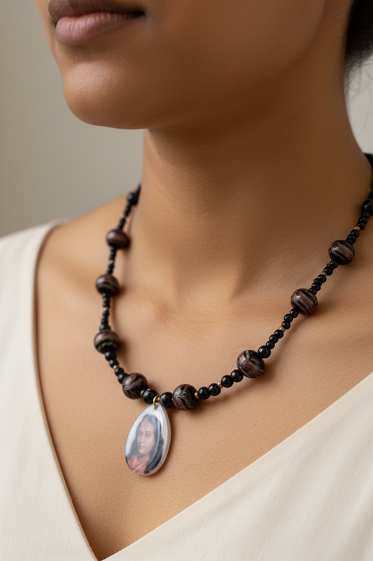 Onyx & Glass Beaded Necklace with Sri Paramahansa Yogananda Charm, 18 inch / 46 cm Laurie Baum