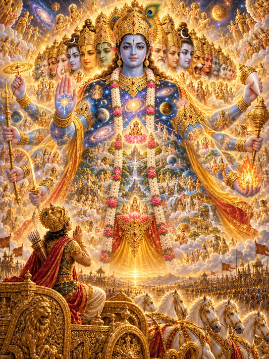 Arjuna beholds Krishna's cosmic form in the Bhagavad Gita — canvas print preview with subtle watermark